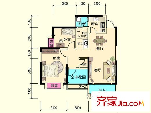 蝴蝶谷C戶型 2室2廳1衛(wèi)