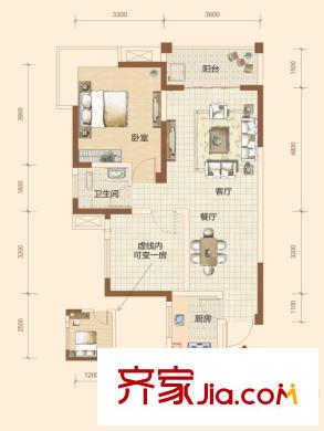 水岸世景4、5、6號棟B3/C3/D3/E3/F3戶型 1室2廳2衛(wèi)1廚