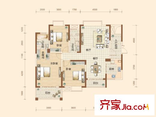 水岸世景4、5、6號棟B1/C1/D1/E1/F1戶型 3室2廳2衛(wèi)1廚