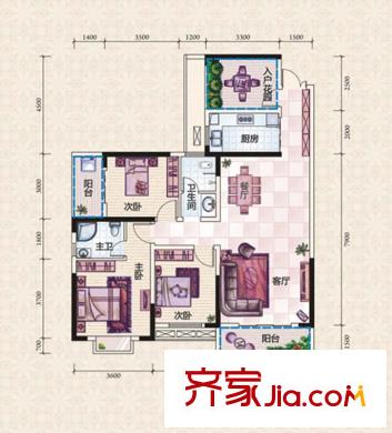 紫華郡J/J2戶型 3室2廳2衛(wèi)1廚
