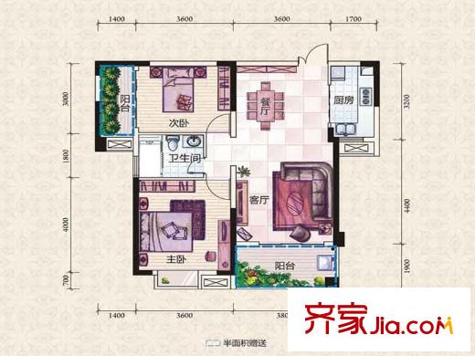 紫華郡B戶型 2室2廳1衛(wèi)1廚