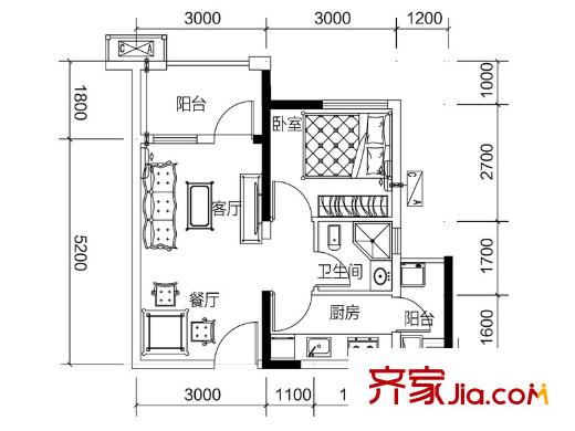 利海米蘭春天D戶型 1室2廳1衛(wèi)1廚