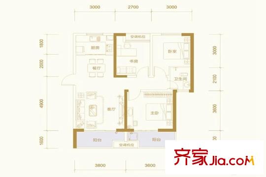騎龍大街B戶型 3室2廳1衛(wèi)1廚