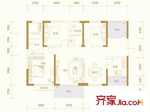 騎龍大街D戶型 3室2廳2衛(wèi)1廚