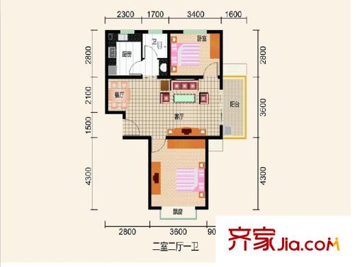 銀太家園02戶型 2室2廳1衛(wèi)1廚