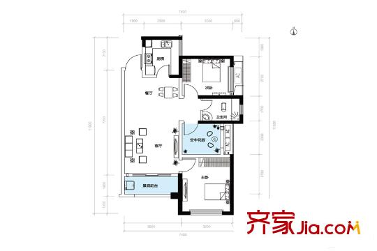 勝家雅苑A戶型 2室2廳1衛(wèi)1廚