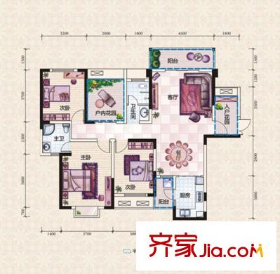 紫華郡D戶型 3室2廳2衛(wèi)1廚