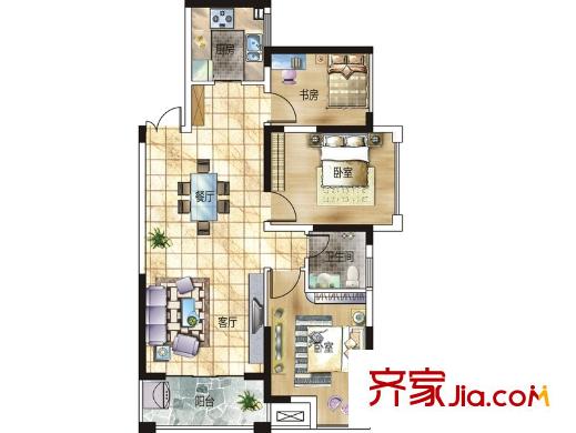桔洲印象D戶型 3室2廳1衛(wèi)1廚