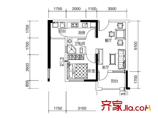 利海米蘭春天G戶型 1室2廳1衛(wèi)1廚