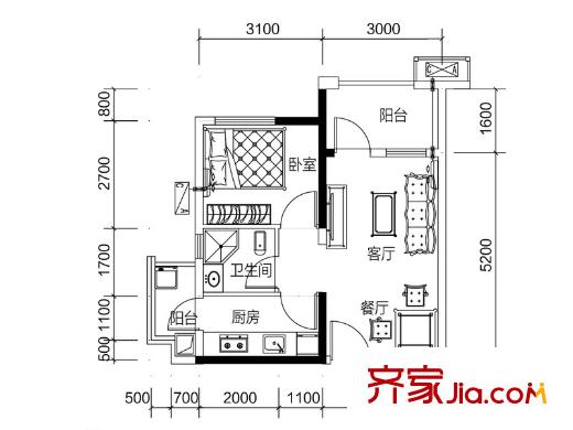 利海米蘭春天C戶型 1室2廳1衛(wèi)1廚