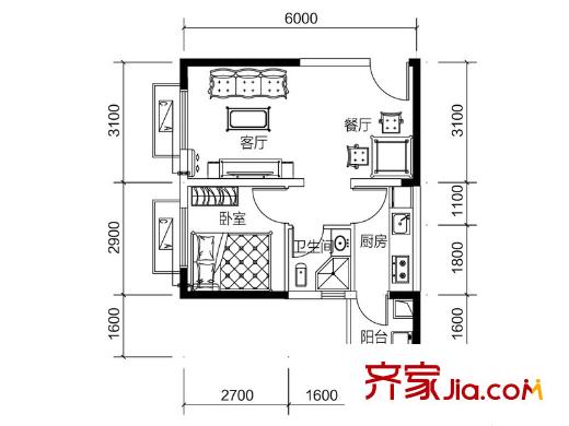 利海米蘭春天F戶型 1室2廳1衛(wèi)1廚