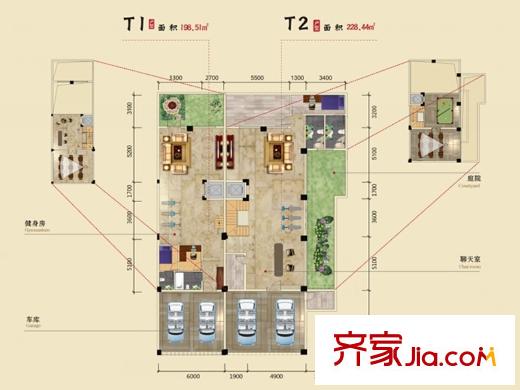 北大資源時(shí)光T1T2聯(lián)排負(fù)一層戶型 2室2廳3衛(wèi)