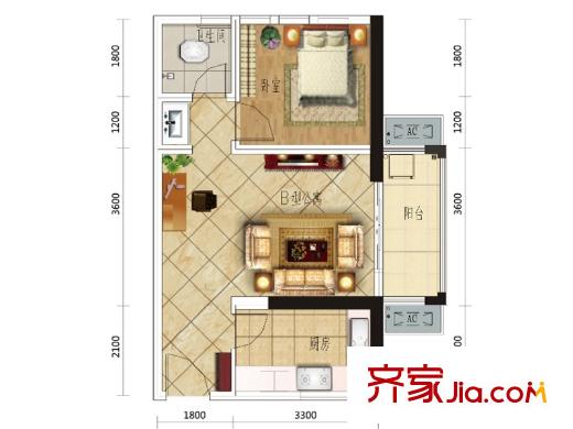 濱江一號(hào)3棟B戶型 1室1廳1衛(wèi)1廚