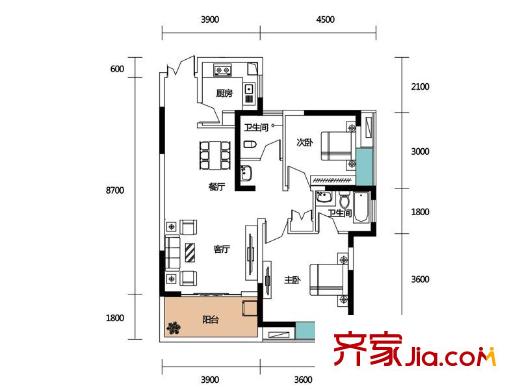 濱江一號(hào)B戶型 2室2廳2衛(wèi)1廚