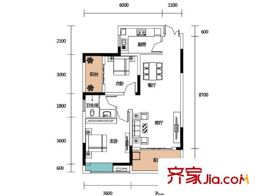 濱江一號(hào)C戶型 2室2廳1衛(wèi)1廚