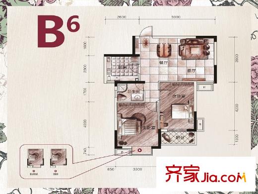 聯(lián)美品格B6戶型 2室2廳1衛(wèi)1廚