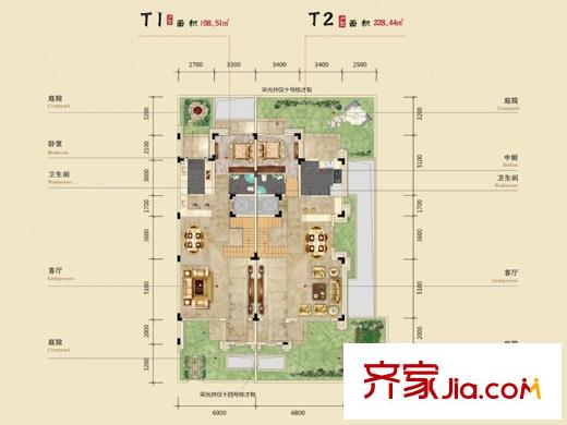 北大資源時(shí)光T1T2聯(lián)排一層戶型 2室4廳2衛(wèi)2廚