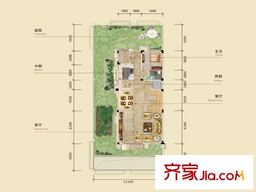 北大資源時(shí)光雙拼一層戶型 1室2廳1衛(wèi)2廚