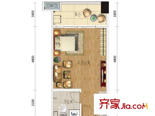 濱江一號(hào)3棟A戶型 1室1廳1衛(wèi)1廚