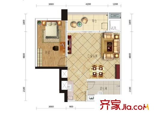 濱江一號(hào)3棟D戶型 1室1廳1衛(wèi)1廚