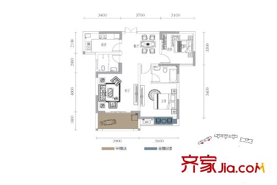 濱江一號(hào)1棟兩房戶型 2室2廳2衛(wèi)1廚