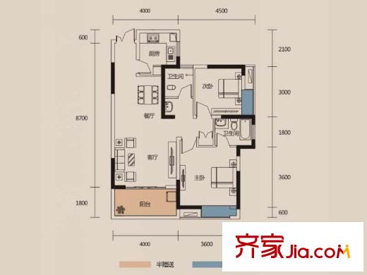 濱江一號(hào)4棟N+1戶型 2室2廳1衛(wèi)1廚