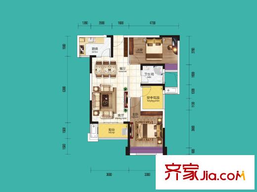 波隆城市花園2棟C2戶型 2室2廳1衛(wèi)1廚