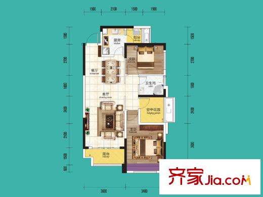波隆城市花園2棟E2戶型 2室2廳1衛(wèi)1廚