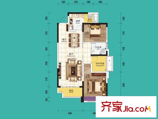 波隆城市花園E2戶型 2室2廳1衛(wèi)1廚