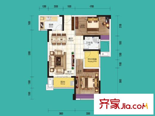 波隆城市花園C2戶型 2室2廳1衛(wèi)1廚
