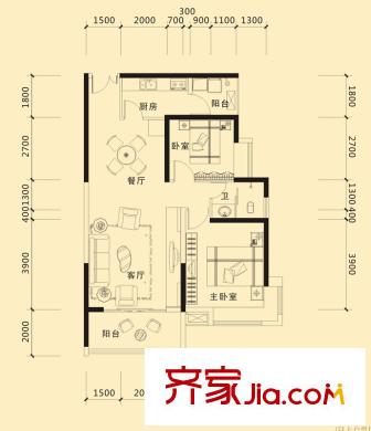 好望谷云邸1、2、3號棟A3-1L戶型 2室2廳1衛(wèi)1廚