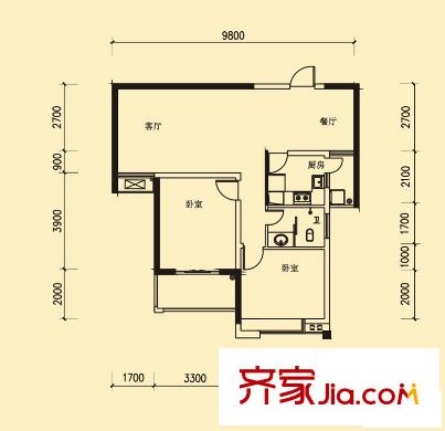 好望谷云邸11號棟A4戶型 2室2廳1衛(wèi)1廚