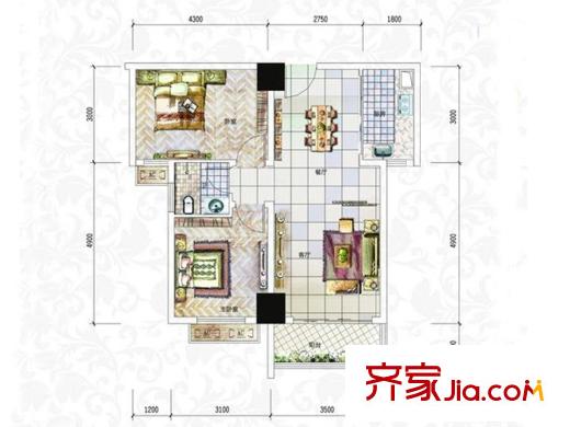時代星空2#B戶型 2室2廳1衛(wèi)1廚