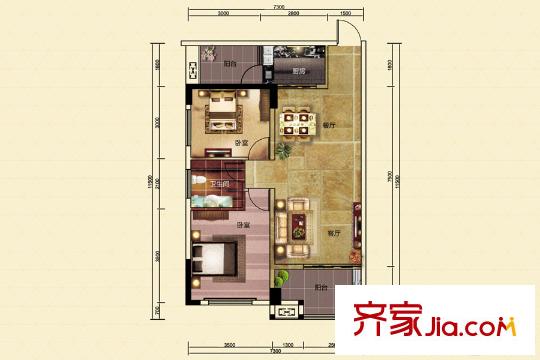 新遠時代一期A2戶型 2室2廳2衛(wèi)1廚
