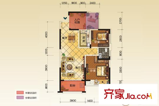 長龍灣一期1號(hào)棟H1戶型 2室2廳1衛(wèi)1廚