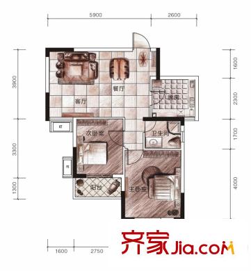 聯(lián)美品格B3戶型73-75平方米 2室2廳1衛(wèi)1廚