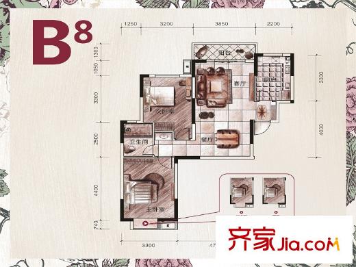 聯(lián)美品格1、8、10號(hào)棟B8戶型 2室2廳1衛(wèi)1廚