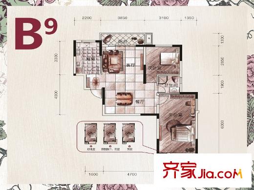 聯(lián)美品格8、10號(hào)棟B9戶型 2室2廳1衛(wèi)1廚