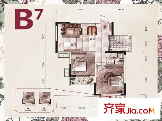 聯(lián)美品格1、8、10號(hào)棟B7戶型 2室2廳1衛(wèi)1廚