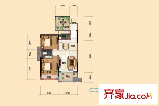 海德公園6、9棟E1戶型 2室2廳1衛(wèi)1廚