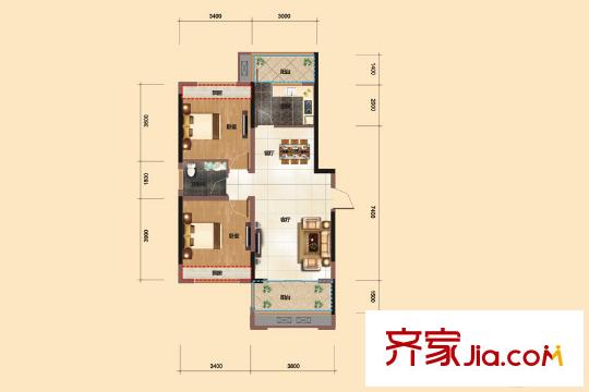 海德公園2號棟-10-E4戶型 2室2廳1衛(wèi)1廚