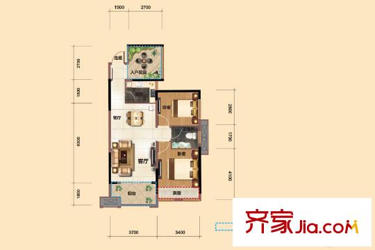 海德公園4棟E11戶型 2室2廳1衛(wèi)1廚