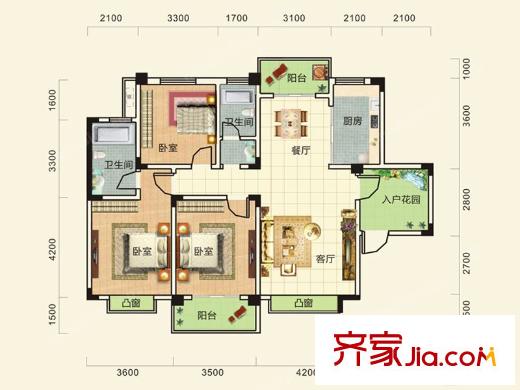 空港朗園E2戶型 3室2廳2衛(wèi)1廚