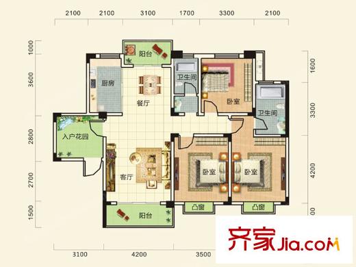 空港朗園E1戶型 3室2廳2衛(wèi)1廚