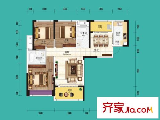 波隆城市花園B1戶型 3室2廳2衛(wèi)1廚
