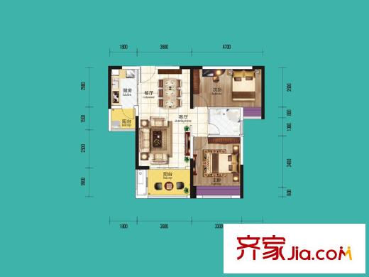 波隆城市花園5棟B3戶型 2室2廳1衛(wèi)1廚