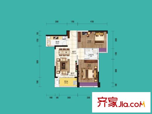波隆城市花園7棟D3戶型 2室2廳1衛(wèi)1廚