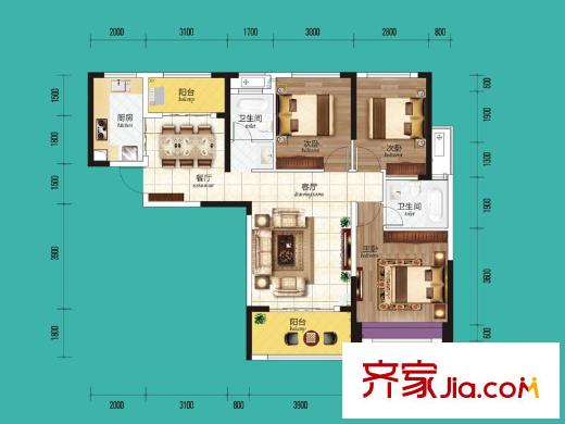 波隆城市花園D2戶型 3室2廳2衛(wèi)1廚