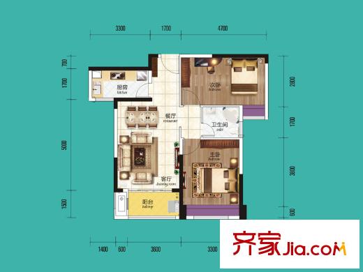 波隆城市花園D3戶型 2室2廳1衛(wèi)1廚