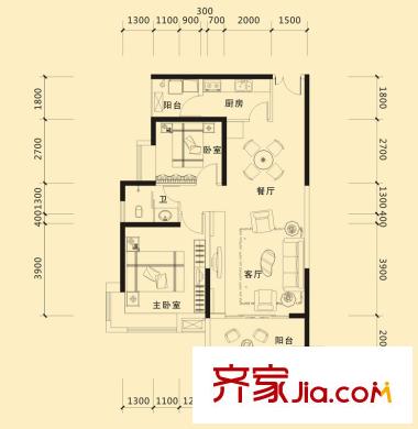 好望谷云邸1、2、3號棟A3-3L戶型 2室2廳1衛(wèi)1廚